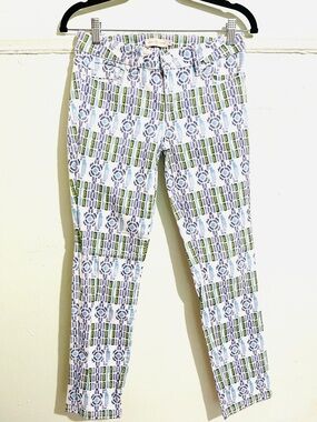 Tory Burch Alexa Crapped Skinny Jeans in a geometric Map print.